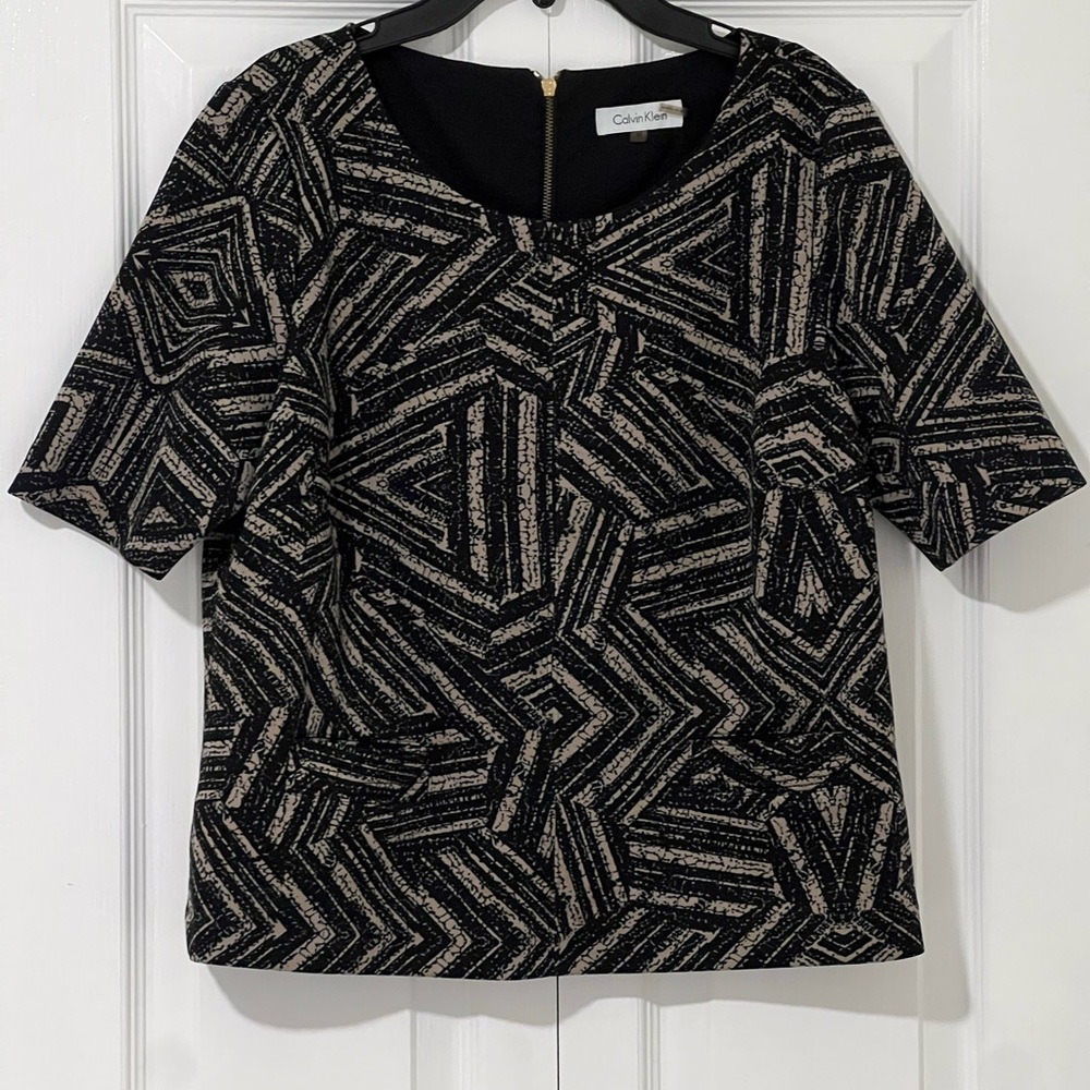 Calvin Klein Geometric Black and Tan Blouse